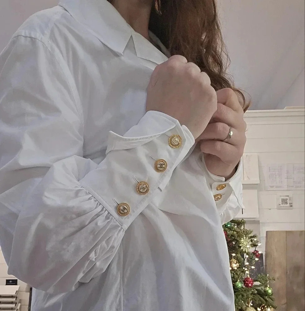CHANEL white long shirt gold buttons